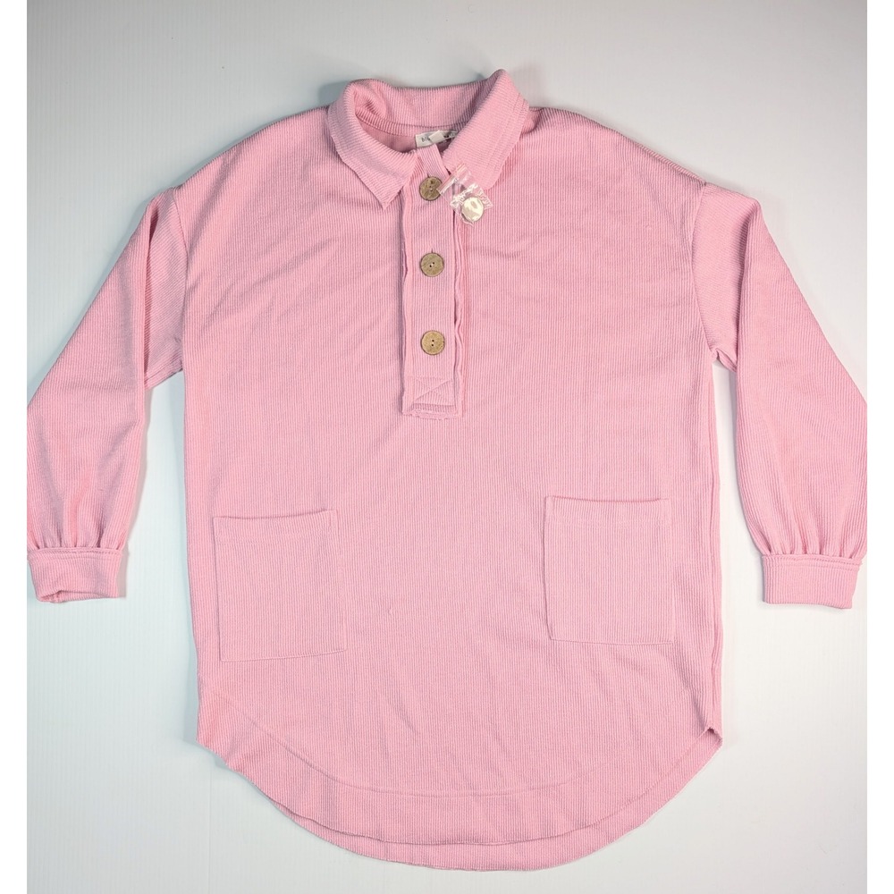 Blu Pepper Pink Ribbed Knit Henley Tunic Top Long Sleeve Collared‎ Womens M NEW